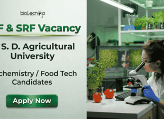 Govt SRF and JRF Vacancy at S. D. Agricultural University – Walk-In Interview SDAU JRF and SRF Vacancy 2026. Research Jobs for Biochemistry and Food Technology Candidates. Attend the Walk-In Interview.