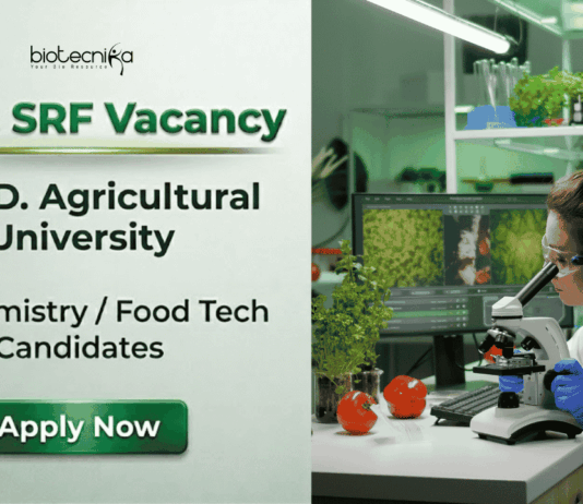 Govt SRF and JRF Vacancy at S. D. Agricultural University – Walk-In Interview SDAU JRF and SRF Vacancy 2026. Research Jobs for Biochemistry and Food Technology Candidates. Attend the Walk-In Interview.
