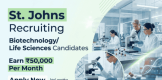 St Johns Recruitment invites applications for Biochemist positions. Apply for Life Sciences Research Jobs with ₹50,000 salary.