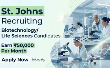 ₹50,000/Month Life Sciences Research Jobs at St. Johns | Apply Online St Johns Recruitment invites applications for Biochemist positions. Apply for Life Sciences Research Jobs with ₹50,000 salary.