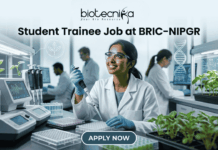 Student Trainee Job for Biotechnology & Life Science Students at BRIC-NIPGR Student Trainee Job for Biotechnology & Life Science Students at BRIC-NIPGR. A corporate-style job featured image banner (1280x720) for "Student Trainee Job at BRIC-NIPGR" featuring the Biotecnika CRO logo at the top center. The background showcases a realistic, high-tech plant biology research laboratory. A smiling young Indian female student trainee wearing a white lab coat, safety goggles, and blue gloves is using a pipette over a well plate. Trays of green plant seedlings are arranged on the lab counter alongside modern equipment, with other researchers working in the background. A clean, dark teal "APPLY NOW" button is centered at the bottom.