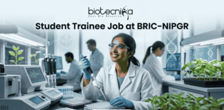 Student Trainee Job for Biotechnology & Life Science Students at BRIC-NIPGR Student Trainee Job for Biotechnology & Life Science Students at BRIC-NIPGR. A corporate-style job featured image banner (1280x720) for "Student Trainee Job at BRIC-NIPGR" featuring the Biotecnika CRO logo at the top center. The background showcases a realistic, high-tech plant biology research laboratory. A smiling young Indian female student trainee wearing a white lab coat, safety goggles, and blue gloves is using a pipette over a well plate. Trays of green plant seedlings are arranged on the lab counter alongside modern equipment, with other researchers working in the background. A clean, dark teal "APPLY NOW" button is centered at the bottom.