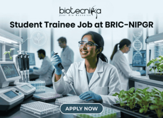 Student Trainee Job for Biotechnology & Life Science Students at BRIC-NIPGR Student Trainee Job for Biotechnology & Life Science Students at BRIC-NIPGR. A corporate-style job featured image banner (1280x720) for "Student Trainee Job at BRIC-NIPGR" featuring the Biotecnika CRO logo at the top center. The background showcases a realistic, high-tech plant biology research laboratory. A smiling young Indian female student trainee wearing a white lab coat, safety goggles, and blue gloves is using a pipette over a well plate. Trays of green plant seedlings are arranged on the lab counter alongside modern equipment, with other researchers working in the background. A clean, dark teal "APPLY NOW" button is centered at the bottom.