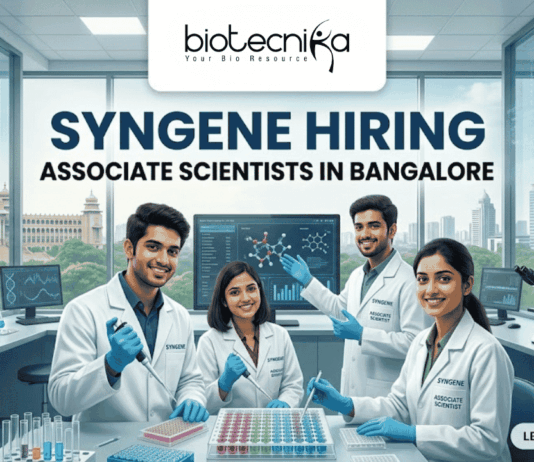 Syngene Hiring Associate Scientists in Bangalore Life Science Jobs 2026. Apply for the Associate Scientist position at Syngene Bangalore. Explore this exciting Scientist Job in genomics and drug discovery.