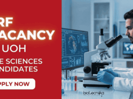 Apply for UOH Recruitment 2026. JRF Vacancy for Biotechnology Careers under a DBT-funded project at the University of Hyderabad.