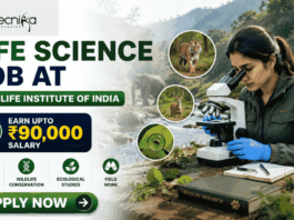 Wildlife Institute of India Recuitment 2026 Life Science Job with ₹90,000 Salary – Apply Before Deadline! Featured banner for “Life Science Job at Wildlife Institute of India” featuring the Biotecnika logo at the top, a wildlife researcher conducting field-based biological research with a microscope in a natural forest setting, wildlife visuals including animals and biodiversity elements, a salary highlight showing “Earn Upto ₹90,000,” conservation and ecological research-themed graphics, and a bold “Apply Now” button at the bottom.