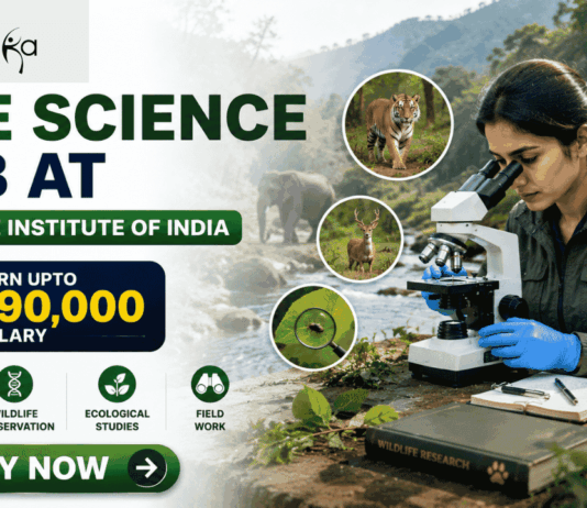 Wildlife Institute of India Recuitment 2026 Life Science Job with ₹90,000 Salary – Apply Before Deadline! Featured banner for “Life Science Job at Wildlife Institute of India” featuring the Biotecnika logo at the top, a wildlife researcher conducting field-based biological research with a microscope in a natural forest setting, wildlife visuals including animals and biodiversity elements, a salary highlight showing “Earn Upto ₹90,000,” conservation and ecological research-themed graphics, and a bold “Apply Now” button at the bottom.