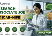₹67,000 Salary Research Associate Job at ICAR-NIPB– Apply Before Last Date! ₹67,000 Salary Research Associate Job at ICAR-NIPB. A professional promotional banner for a "Research Associate Job at ICAR-IARI." The top left corner features the Biotecnika logo. On the left side, bold text reads "RESEARCH ASSOCIATE JOB AT ICAR-IARI", sitting above a highlighted white badge that reads "Earn upto ₹67,000 + 30% HRA". Below the salary badge, four green circular icons are labeled: "AGRICULTURAL INNOVATION", "CROP BREEDING", "DATA ANALYTICS", and "BUILD RESEARCH CAREER". On the right side, a female researcher in a white lab coat and gloves works with a digital tablet and handheld scientific device at a lab counter. Through the large window behind her, the historic brick building and fields of the ICAR-IARI campus are visible. The far right includes three floating circular graphics showcasing plant cell structures, a wheat grain molecular model, and digital gene mapping data. A prominent green "APPLY NOW" button with an arrow is located at the bottom right.