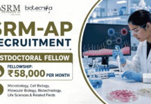 Postdoctoral Fellow Recruitment at SRM-AP – ₹58,000 Per Month Fellowship – Apply Now Apply for SRM Recruitment 2026 Postdoctoral Fellow position. Excellent Career in Life Sciences with Fellowship up to ₹58,000 Per Month.